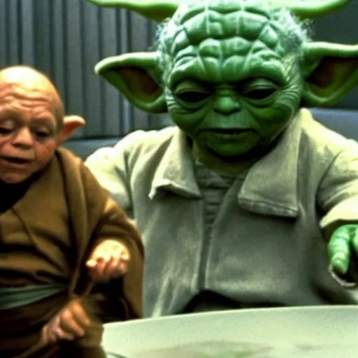 Image similar to danny devito plays yoda, scene from empire strikes back