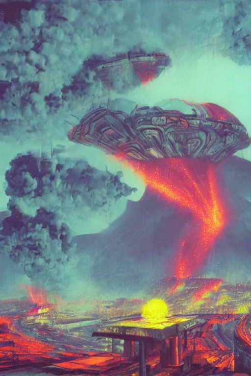 Image similar to a cyberpunk city in the crater of a volcano, lava flowing, smoke, fire, neon, industrial, by paul lehr