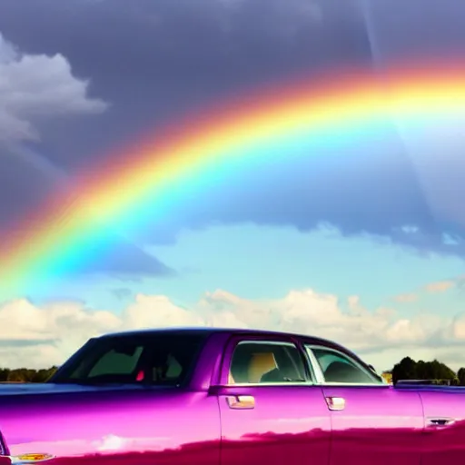 Prompt: Angel-winged limousine flying into a cloudy but sunny pink sky - rainbow on the background