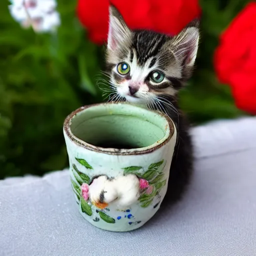 Prompt: extremely tiny kitten in a flowervase