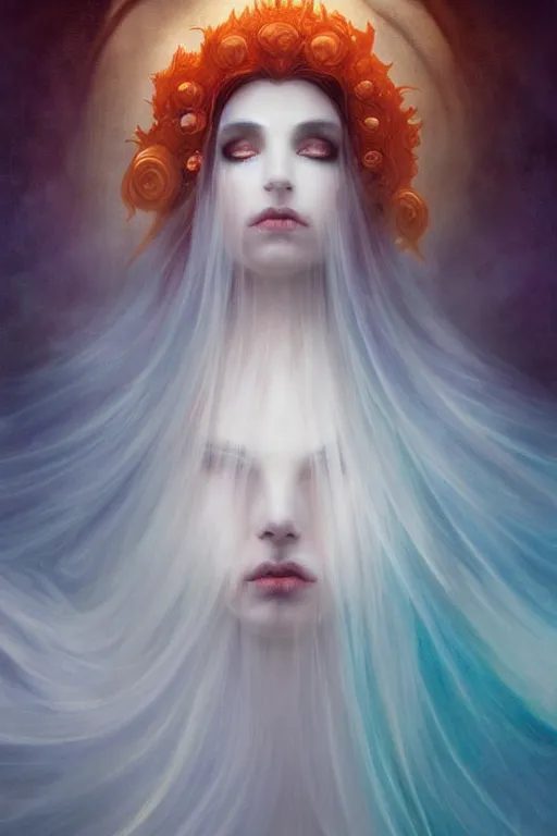 Image similar to portrait of a vampire , dark fantasy, gradient white cyan, dreamy and ethereal, orange eyes, ghost, golden ratio, peaceful expression, ornate frilly dress, fantasy, intricate, elegant, rainbow spikes, highly detailed, digital painting, artstation, concept art, smooth,b sharp focus, illustration, art by artgerm and greg rutkowski and alphonse mucha