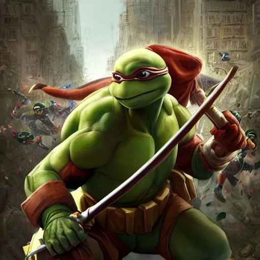 Image similar to teenage mutant ninja turtle, michelangelo, handsome, portrait, intricate, detailed, volumetric lighting, scenery, digital painting, highly detailed, artstation, sharp focus, illustration, concept art, ruan jia, steve mccurry