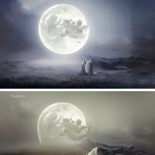 Image similar to Step out the front door like a ghost into the fog, Where no one notices the contrast of white on white, And in between the moon and you, The angels get a better view Of the crumbling difference between wrong and right, highly detailed matte painting