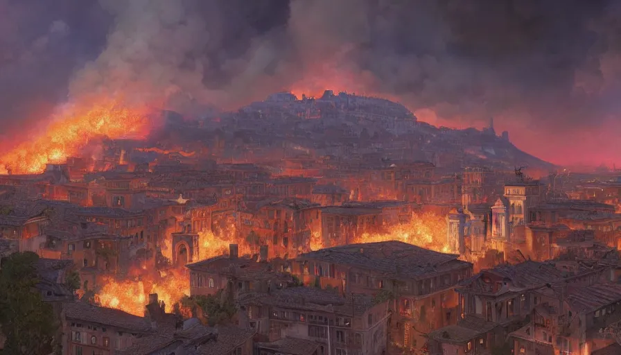 Prompt: A highly detailed matte painting of the Sack of Rome, fire and smoke, by Studio Ghibli, Makoto Shinkai, by Artgerm, by beeple, volumetric lighting, octane render, 4K resolution, trending on artstation, masterpiece