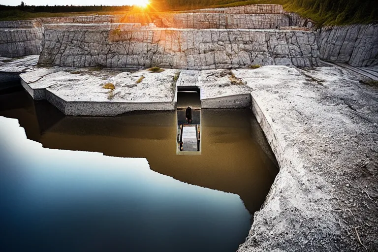 Image similar to an abandoned water - filled lime quarry. the water filled quarry is located in oland, sweden. golden hour, portrait, dslr, 3 5 mm, wide angle, the happiest childhood summer memories, magical realism photograph by erik johansson