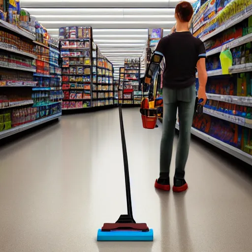 Image similar to robot forces human to clean up aisle at walmart digital art, 3 d high definition, trending on artstation, photorealistic, high resolution, 8 k, octane,, sharp focus, photography, unreal engine