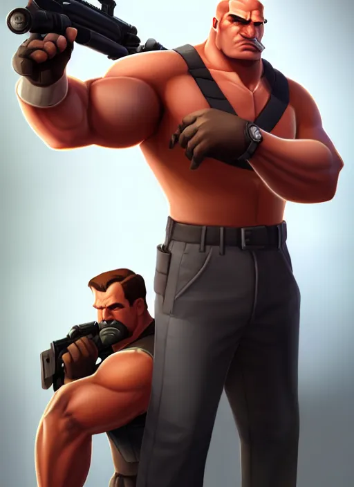 Image similar to an alphan male team fortress 2 heavy photo, professionally retouched, soft lighting, realistic, smooth face, full body shot, torso, dress, perfect eyes, wide angle, sharp focus on eyes, 8 k high definition, insanely detailed, intricate, elegant, art by artgerm and jason chan and mark litvokin