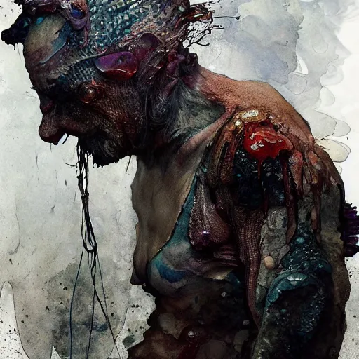 Image similar to mutant fishman sailor old man with gills and scales creatures from the deep ocean by emil melmoth zdzislaw beksinki craig mullins yoji shinkawa realistic render ominous detailed photo atmospheric by jeremy mann francis bacon and agnes cecile ink drips paint smears digital glitches glitchart