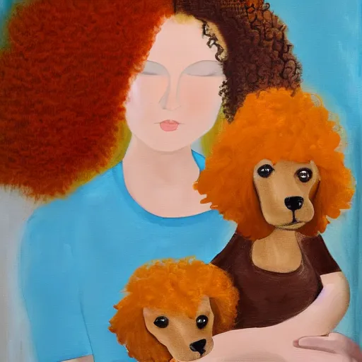 Prompt: an abstract painting of a beautiful pale woman with orange hair holding both a curly headed baby boy and also a brown poodle