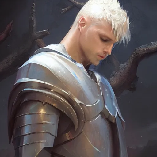 Image similar to dramatic masterpiece Greg Rutkowski male Aasimar paladin with platinum blonde hair praying amidst sorrow, realistic, cinematic lighting, WLOP, dungeons and dragons