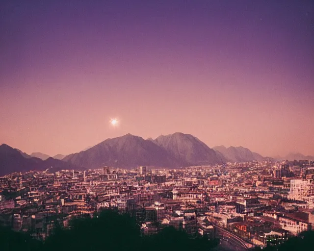 Prompt: calm and soft city view with bokeh, mountains in a city, fantasy world, magic perspective photo, calm lighting, soft world, pleasant, kodak portra 8 0 0