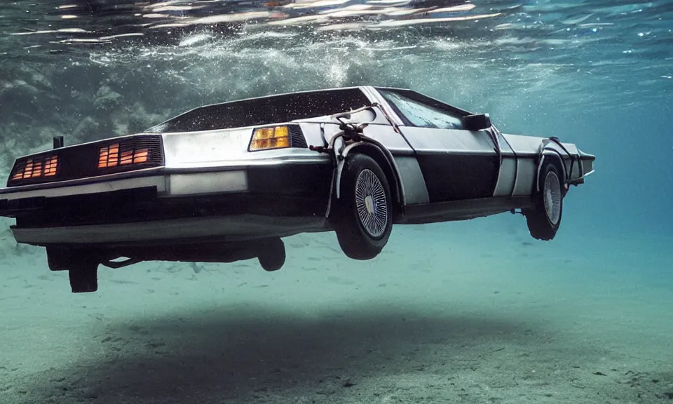 Prompt: photo of a delorean swimming underwater