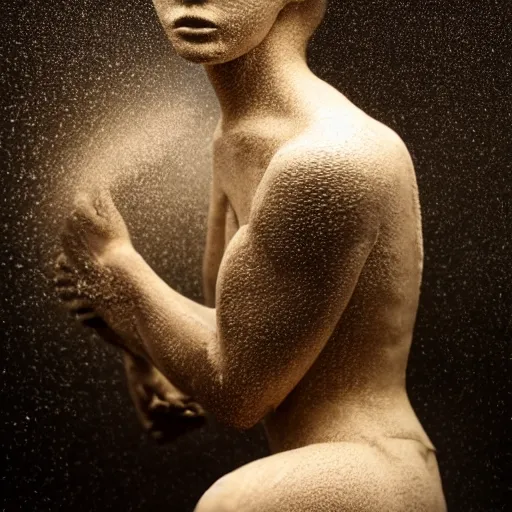 Prompt: human sculpture explodes into tiny little dust particles, intricate, highly detailed, atmospheric, dramatic lighting, portrait, upper body, masterpiece, 8k