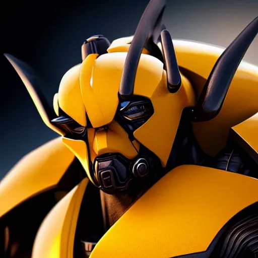 Prompt: still photo of bumblebee with fire eyes, highly detailed, photorealistic portrait, bright studio setting, studio lighting, crisp quality and light reflections, unreal engine 5 quality render