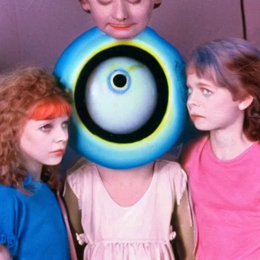 Prompt: still from 1983 live-action children's tv show about a girl who enters an eyeball cult color