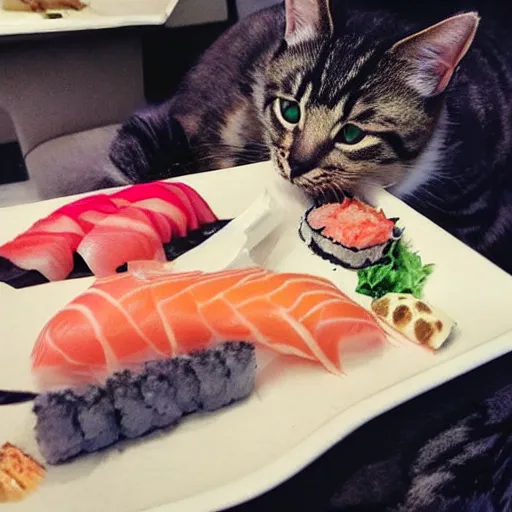 Image similar to realistic photo of a cute cat eating sushi