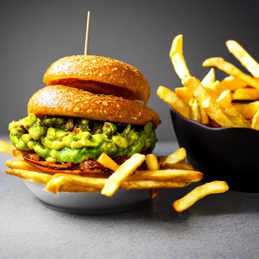 Image similar to vegan hamburger with guacamole topping crispy fried onion topping and fried egg topping next to a bowl of french fries, crispy buns, 8 k resolution, studio lighting, sharp focus, hyper - detailed