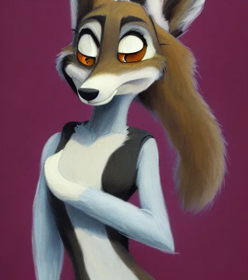 Image similar to oil painting of anthromorphic female wolf, in style of zootopia, zootopia, zootopia, fursona, furry, furaffinity, 4 k, deviantart, furry art, fursona art, wearing black business suit, business suit, in style of zootopia, wolf fursona, cyberpunk, female, expressive detailed feminine face,