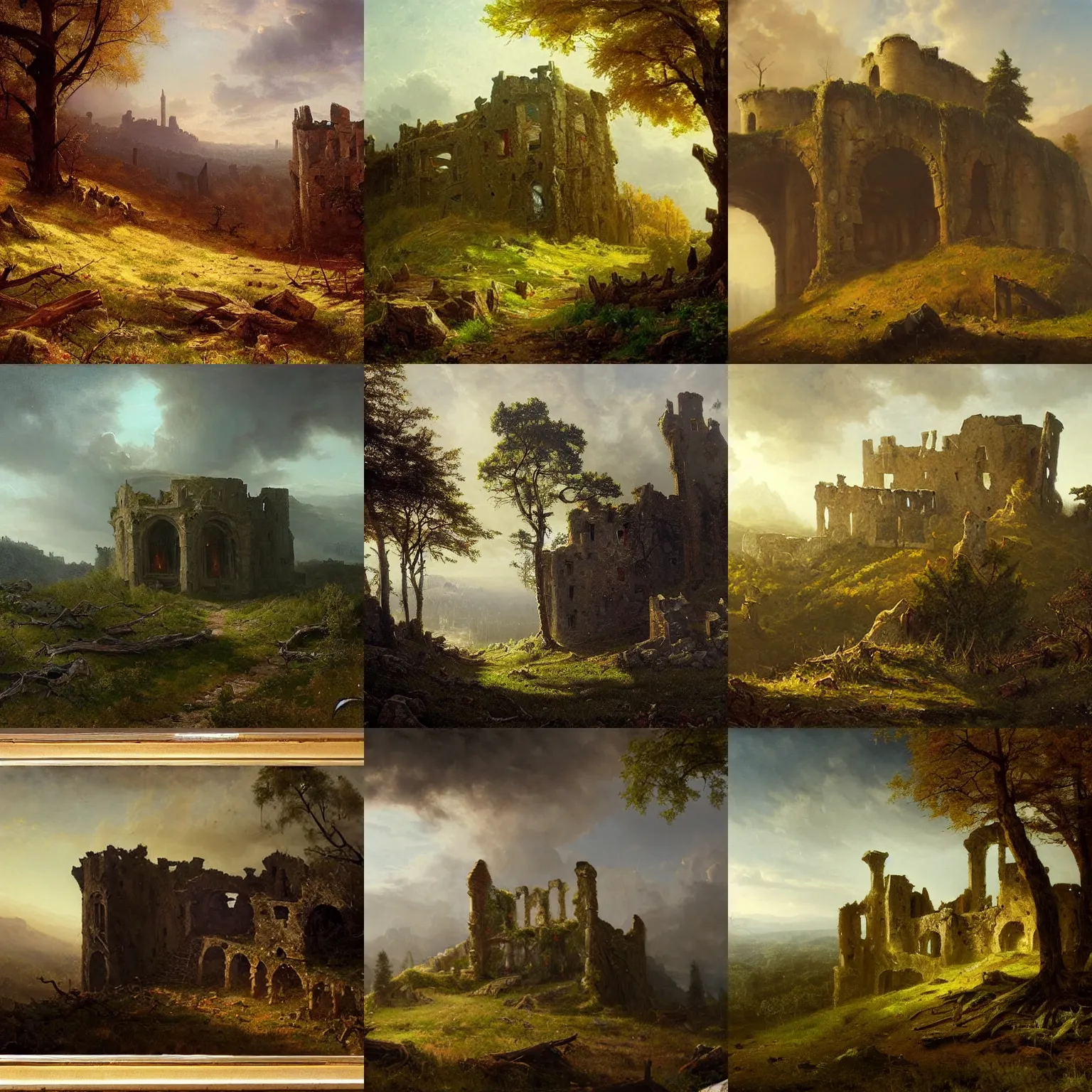 Prompt: ruined castle on a hill, surrounded by dead forest, oil painting, landscape, greg rutkowski, albert bierstadt