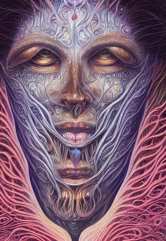 Prompt: perfectly centered portrait front view of a beautiful biomechanical alien goddess, flowing hair, intense stare, sweet smile, symmetrical, concept art, intricate detail, volumetric shadows and lighting, realistic oil painting by alex grey,