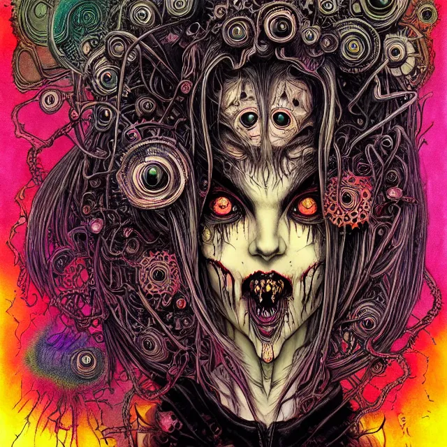 Prompt: symmetrical complex fine detailed, black ink & copic markers, spiritual horror lsd art in vibrant muted colors, disturbing grunge still of a lovecraftian demon infested cashier at wallmart, by arthur adams, by tom bagshaw, by henry asencio, by kikuchi hideyuki