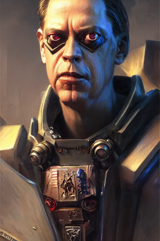 Image similar to character portrait cyberpunk warhammer 4 0 k steve buscemi, character design, painting by gaston bussiere, katsuya terada, frank frazetta, tom of finland, trending on artstation