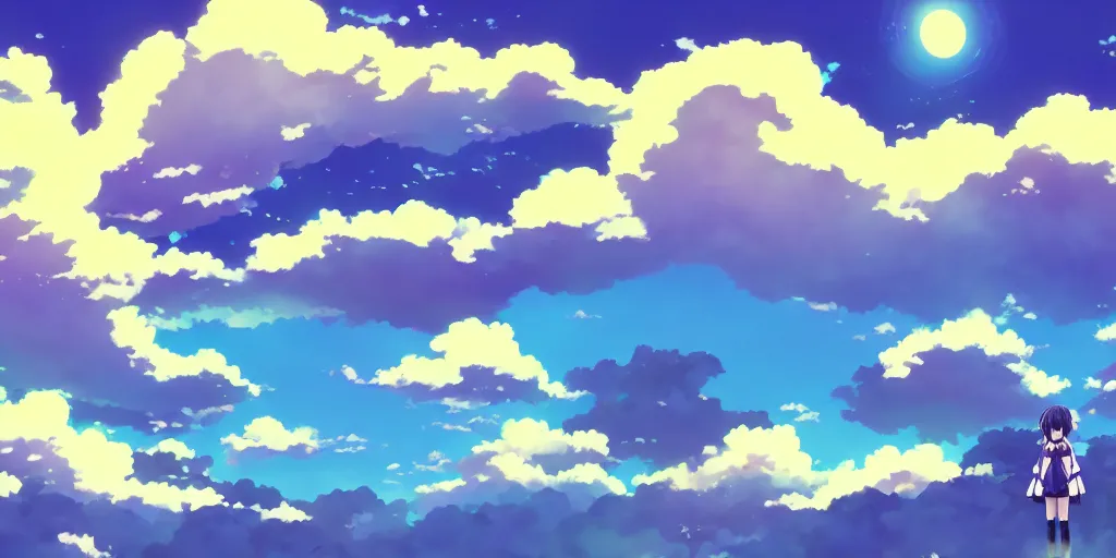 Image similar to A background for an anime-themed social media profile sky bright clouds bloom effect from Skyrim blender studio ghibli clouds