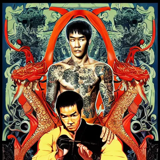 Prompt: Enter The Dragon movie poster by James Jean, Peter Paul Rubens, Art Nouveau, European palette, with Bruce Lee and Ali , with full body yakuza tattoo, in fighter poses, 4K, super detailed, symmetrical design