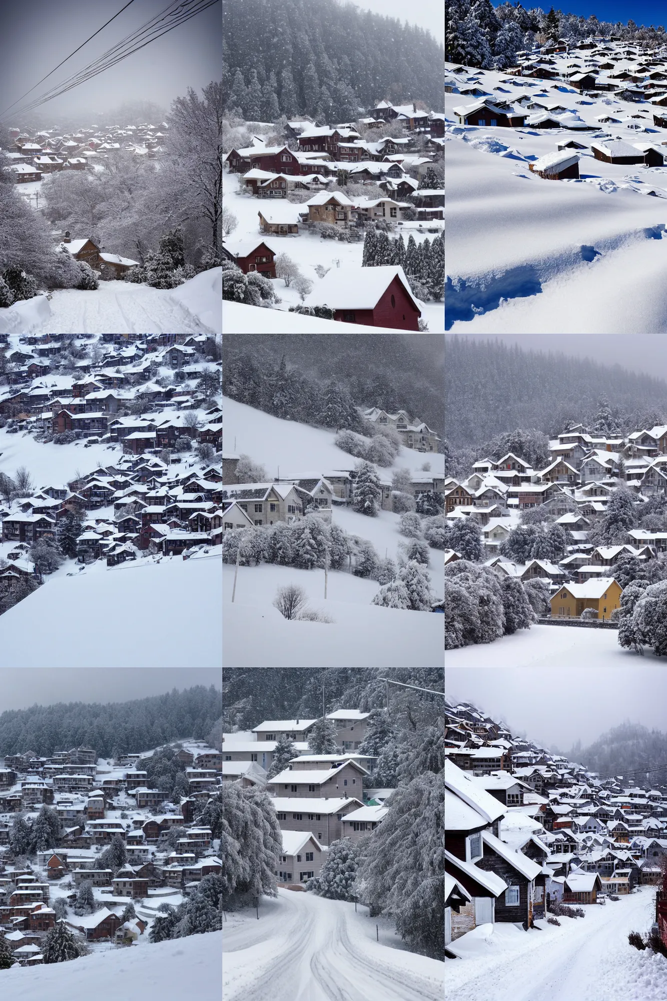 Prompt: steep narrow snow - covered hill with several houses with snow - covered roofs and a steep snow - covered road, pure white overcast sky, view up from the foot of the hill, shallow perspective, by jef wauters