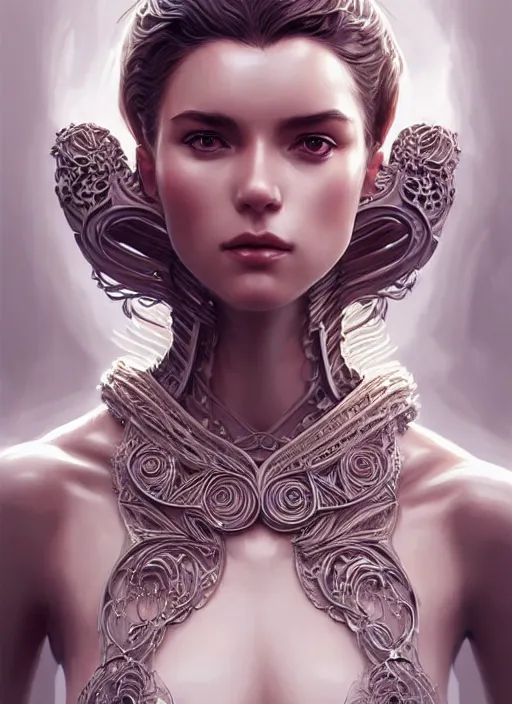 Image similar to portrait of female in wearable sculpture art, intricate details, elegant, highly detailed, digital photography, artstation, glamor pose, concept art, smooth, sharp focus, art by artgerm and greg rutkowski