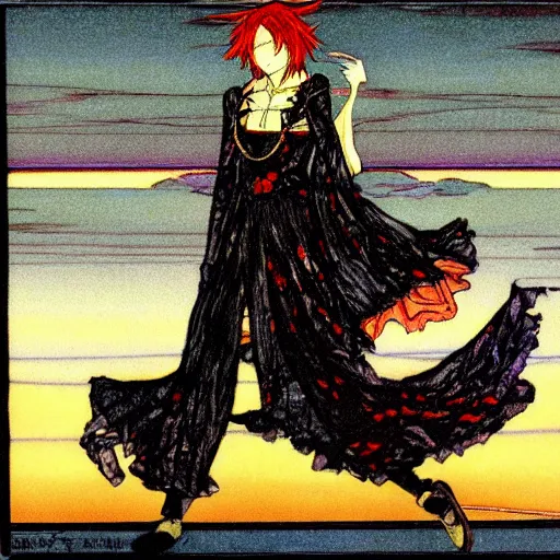 Image similar to kirisame marisa, sunset, artwork by Harry Clarke, touhou, official artwork