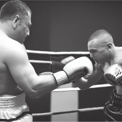 Prompt: two priests sparing in a boxing ring