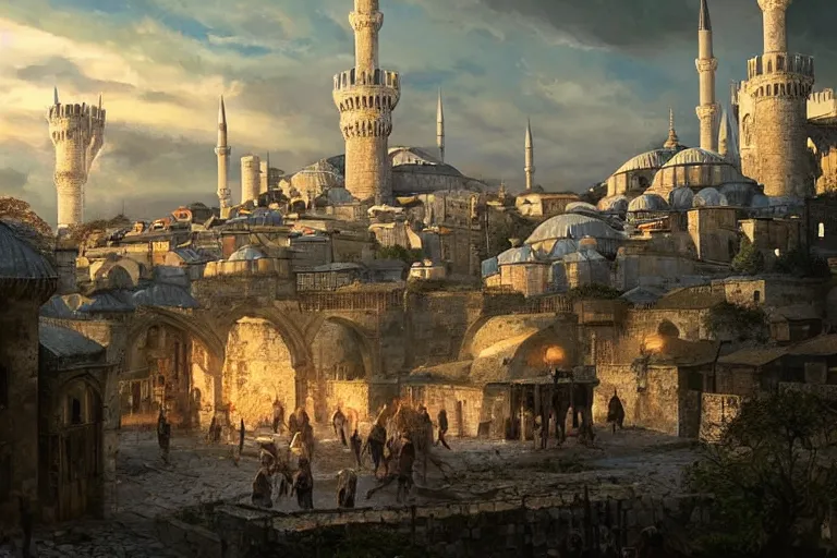 Prompt: medieval istanbul with ottoman people, scenery landscape, lord of the rings,, rule of thirds, highly detailed, perfect lighting, perfect composition, 4 k, artgerm, derek zabrocki, greg rutkowski