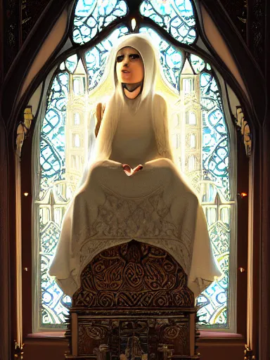 Image similar to the high priestess misteriously sitting in the chapel. yin and yang inside an castle. intricate, elegant, highly detailed, digital painting, artstation, concept art, sharp focus, illustration, by justin gerard and artgerm, 8 k