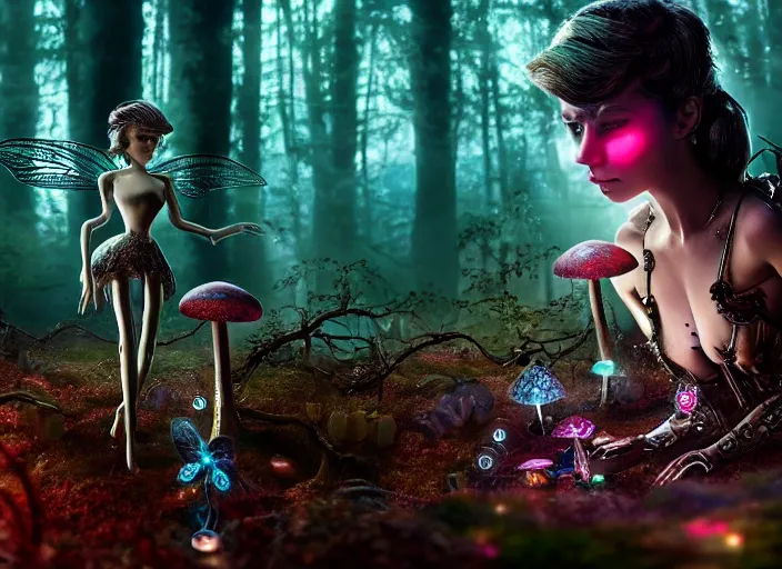 Image similar to 12mm intricate mechanical fairy with visible gears and electronics and optic Fibres sitting on top of a mushroom in a magical forest. Very detailed 8k. Fantasy cyberpunk horror. Sharp. Cinematic post-processing