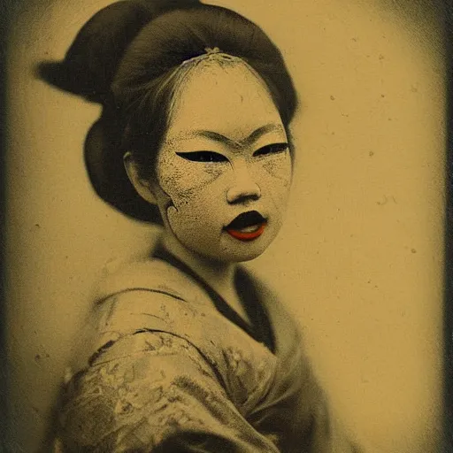 Image similar to terrifying evil dark angry geisha!!! daguerreotype portrait photograph. inspired by gerard grom and ansel adams. beautiful. highly detailed. old timey.