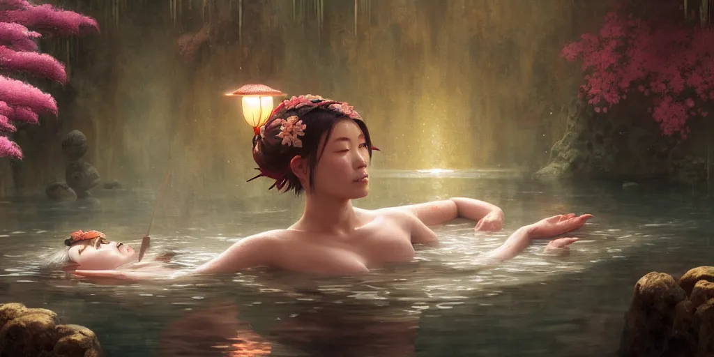 Prompt: painting of female warrior bathing in private magical empty onsen next to japanese inn with levitating lanterns and flowers by greg rutkowski craig mullins ross tran mucha cozy hot springs bonsai zen garden steamy flowers japanese motifs lumen reflections concept art clear focus fantasy specular lighting global illumination trending on artstation