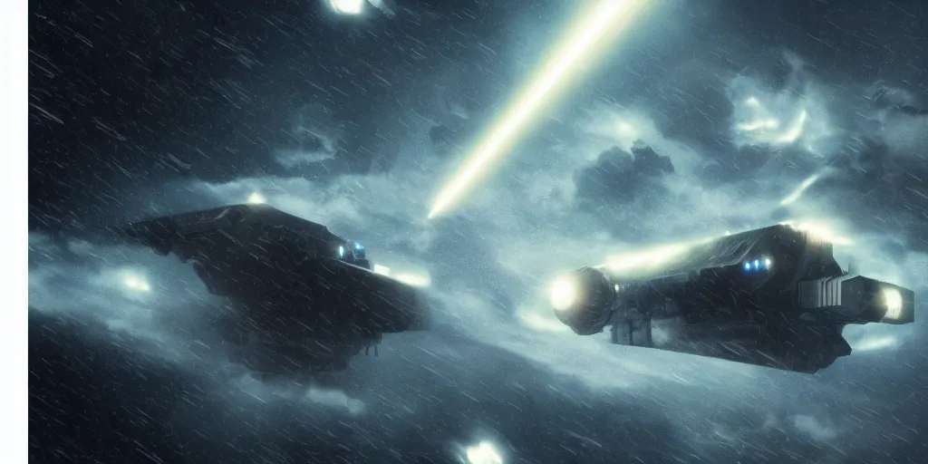 Prompt: space, laser war, spaceship, lasers, meteors, William turner, atmospheric photographic realistic cinematic gritty depth matte painting raining dark volumetric lighting