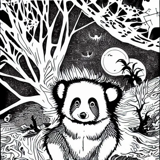 Image similar to 🦝🏝, comic art, digital art, spooky, black and white