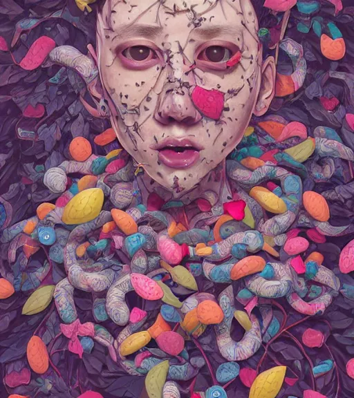 Prompt: portrait, nightmare anomalies, leaves with a lot of candies by miyazaki, violet and pink and white palette, illustration, kenneth blom, mental alchemy, james jean, pablo amaringo, naudline pierre, contemporary art, hyper detailed