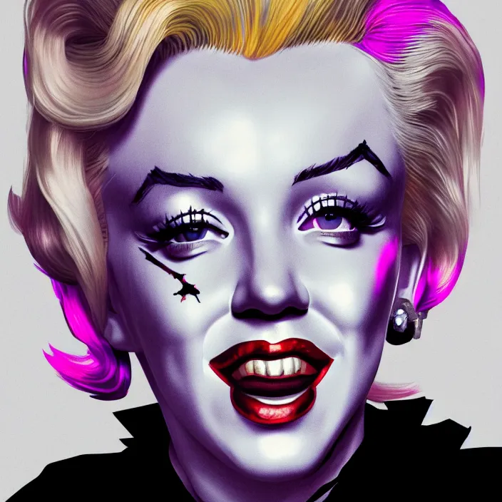 Image similar to portrait of Marilyn Monroe as a harley quinn. intricate abstract. intricate artwork. by Tooth Wu, wlop, beeple, dan mumford. octane render, trending on artstation, greg rutkowski very coherent symmetrical artwork. cinematic, hyper realism, high detail, octane render, 8k, iridescent accents