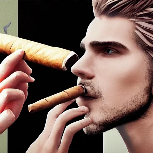 Image similar to a closeup photo of handsome gigachad xqc smoking a cigar, 8k photorealism, extremly detailed, trending on artstation