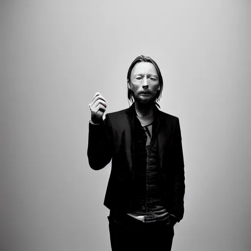 Image similar to Thom Yorke, a man with a beard and a black jacket, a portrait by John E. Berninger, dribble, neo-expressionism, uhd image, studio portrait, 1990s