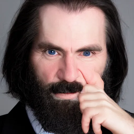 Image similar to studio photo of a handsome middle aged caucasian man, with pale skin, long wavy black hair, full beard, hooked nose, wearing a black suit, 8k, high resolution,