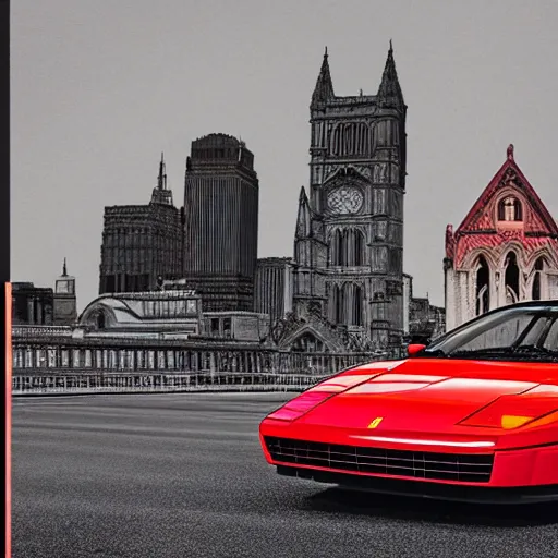 Prompt: a red ferrari testarossa in front of gothic architecture, gotham city, magazine collage style