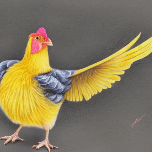 Prompt: a colored pencil drawing of a yellow chick by natalia rojas and ana maria martinez jaramillo, pastel color, wingspan style, ungle background, highly detailed, realistic graphite, artstation, 4 k, realism, photorealism, fine art