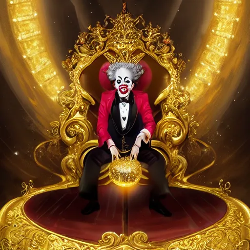 Image similar to anime of a shining majestic throne made of millions of diamonds, gold and zaphires with thousands of light reflections, and a clown on a tuxedo suit is sitting on the throne while handing a golden balloon, dramatic light, digital painting, ultradetailed, artstation, oil painting, ultradetailed, artstation