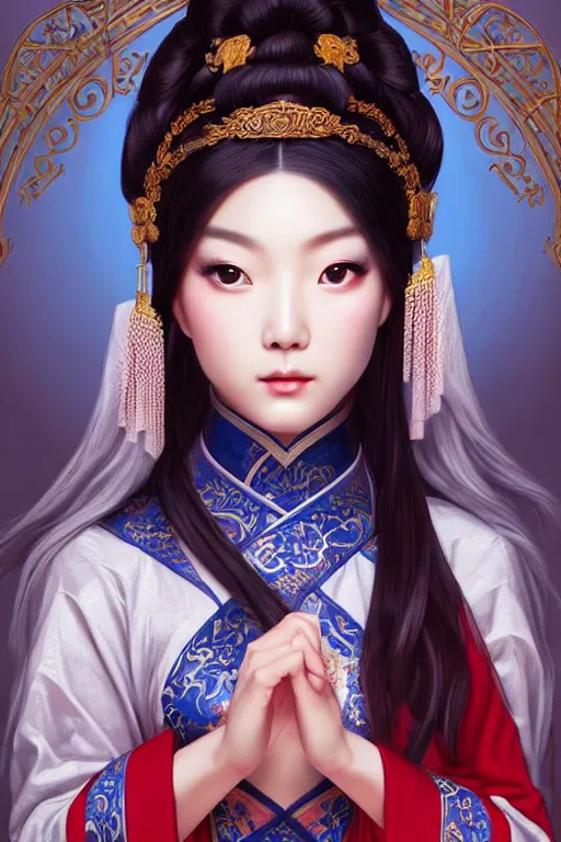 Image similar to a lovely and shiny young empress of qing dynasty, face by artgerm, ross tran, fuji choko, loish, 8 k resolution, attractive, symmetrical portrait, beautifully detailed landscape of ruin, trending on pixiv and pinterest, charming black eyes, luxury, perfect face, smooth, dreamlike