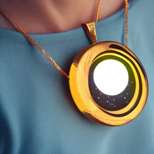 Prompt: a closeup of woman wearing neckless with a glowing planet Saturn as the pendant, in the style of a Pixar movie