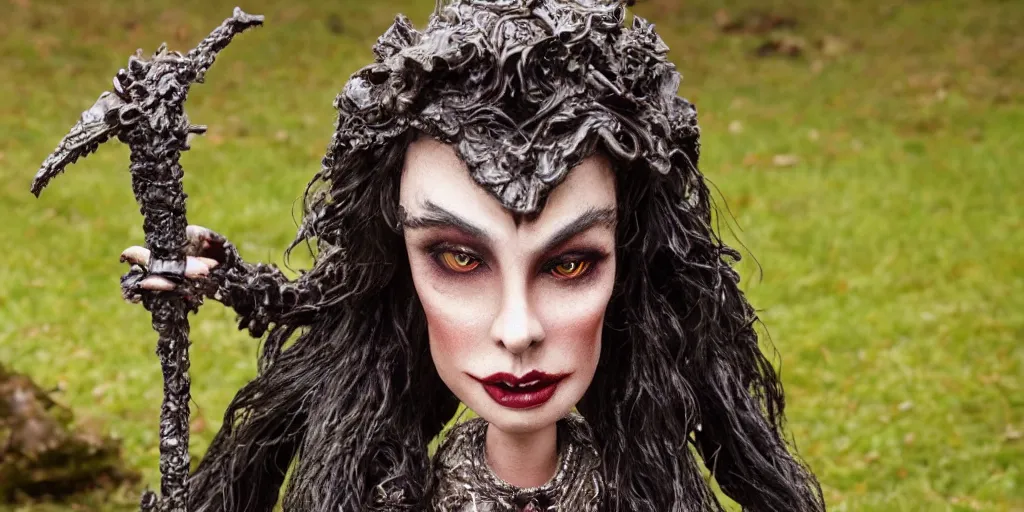Image similar to photo taken of an epic intricate, ultra detailed, super realistic stop motion puppet of a majestic gracious regal aristocratic brunette female vampires in a graveyard filmset created by weta workshop and tim burton, menacing, wide angle, full body shots, photorealistic, sharp focus, gloomy, extremely cold blueish colour temperature, 3 5 mm, f 1. 4